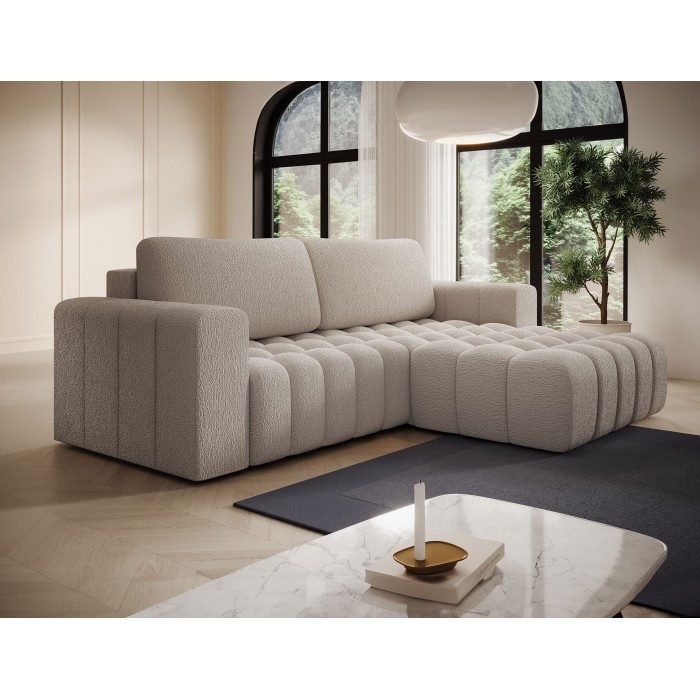 Canapé d’angle convertible DORY beige clair 250 cm avec coffre de rangement angle droit 