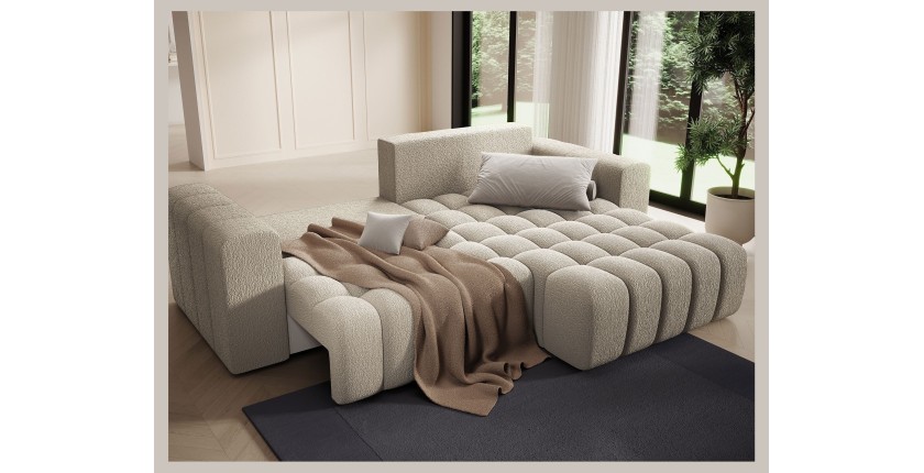 Canapé d’angle convertible DORY beige foncé 250 cm avec coffre de rangement angle droit 