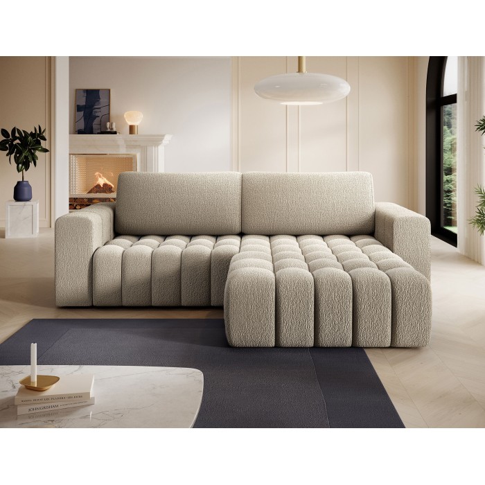 Canapé d’angle convertible DORY beige foncé 250 cm avec coffre de rangement angle droit 
