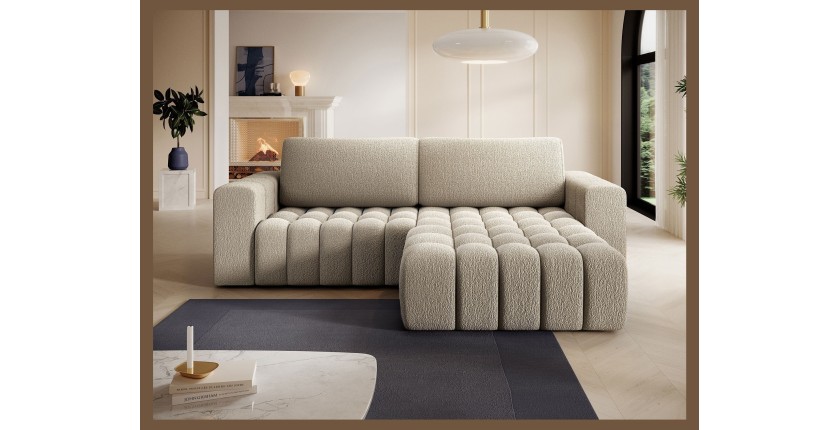 Canapé d’angle convertible DORY beige foncé 250 cm avec coffre de rangement angle droit 