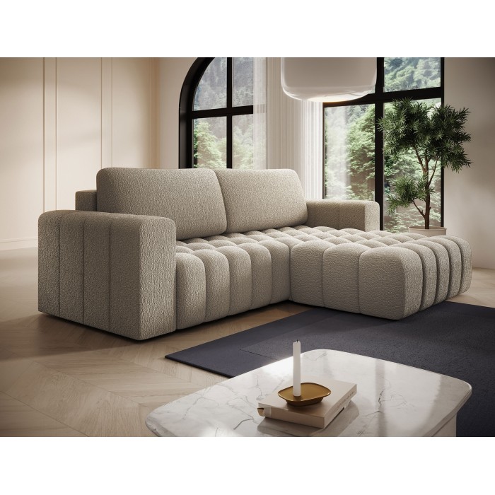 Canapé d’angle convertible DORY beige foncé 250 cm avec coffre de rangement angle droit 