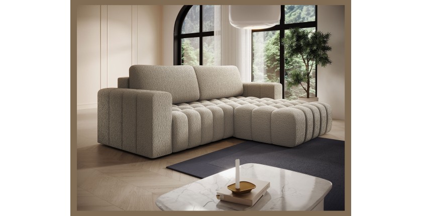 Canapé d’angle convertible DORY beige foncé 250 cm avec coffre de rangement angle droit 