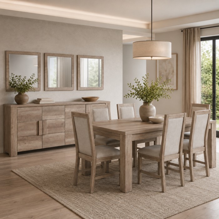 Buffet 4 portes FARRA avec 3 miroirs carrés – Chêne dab sonoma – 216 x 85 x 47 cm