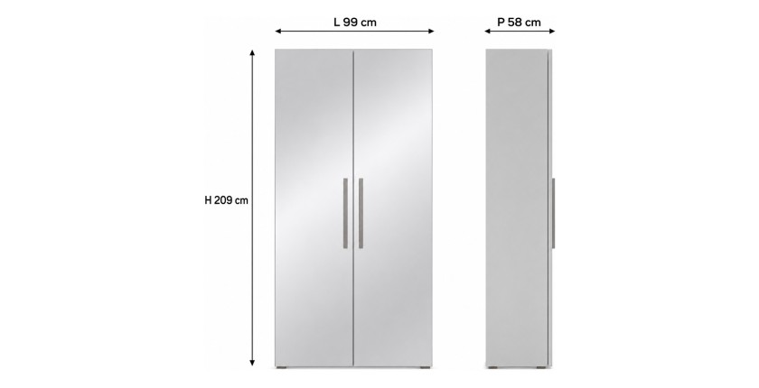 Armoire design 100 cm 2 portes avec grands miroirs collection JUPITER dimensions