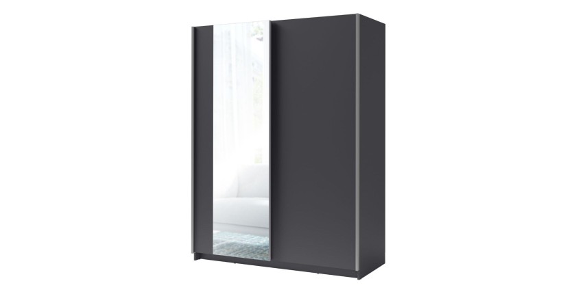 Armario de 2 puertas correderas con espejo - Colección GOZU - Color gris grafito - 150 x 198 x 62 cm