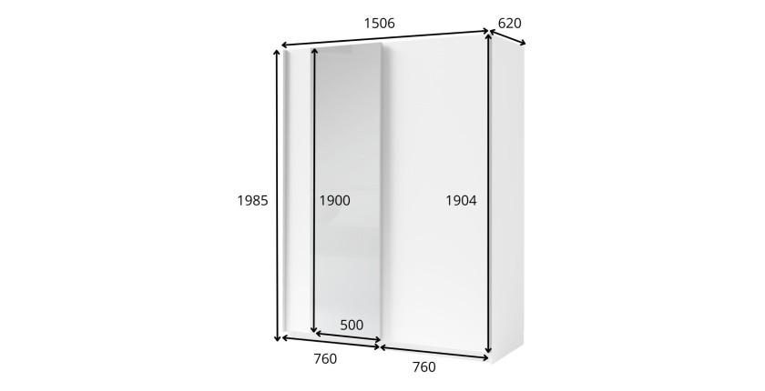 Schrank GOZU mit 2 Schiebetüren und Spiegel - Weiß - 150 x 198 x 62 cm
