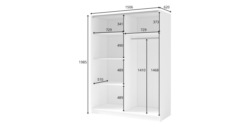 Schrank GOZU mit 2 Schiebetüren und Spiegel - Weiß - 150 x 198 x 62 cm