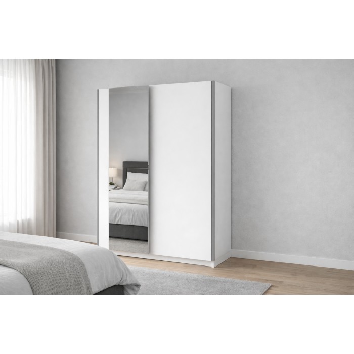 Armoire GOZU 151cm blanche avec miroir dans un décor 3D