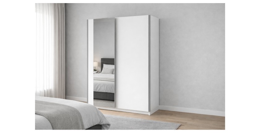 Schrank GOZU mit 2 Schiebetüren und Spiegel - Weiß - 150 x 198 x 62 cm
