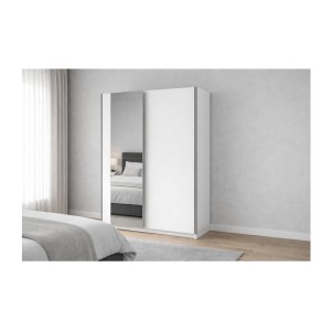 Schrank GOZU mit 2 Schiebetüren und Spiegel - Weiß - 150 x 198 x 62 cm
