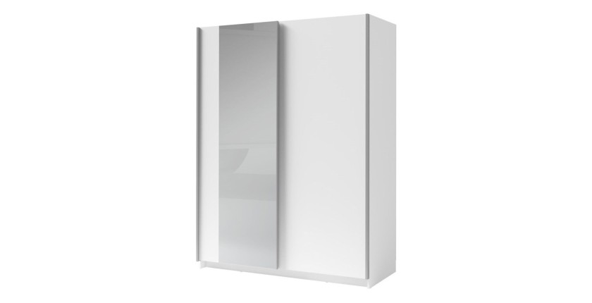 Schrank GOZU mit 2 Schiebetüren und Spiegel - Weiß - 150 x 198 x 62 cm