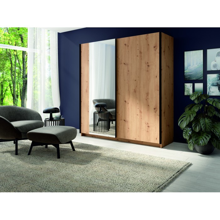 Armoire GOZU avec miroir 181cm aspect bois foncé dans un décor 3D