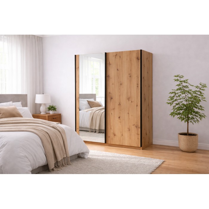 Armoire GOZU avec miroir 181cm aspect bois foncé mise en situation