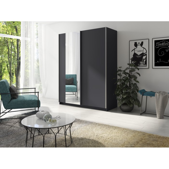 Kast GOZU met 2 schuifdeuren en spiegel - Kleur Grafietgrijs - 180 x 198 x 62 cm