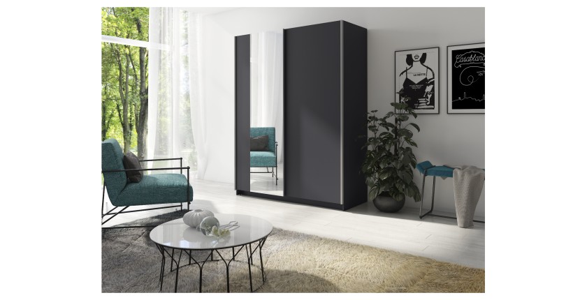 Kast GOZU met 2 schuifdeuren en spiegel - Kleur Grafietgrijs - 180 x 198 x 62 cm