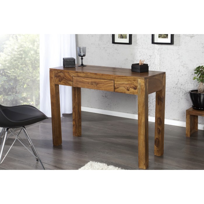Schreibtisch ORBO 100 cm aus massivem, lackiertem Sheeshamholz mit Schublade – Naturbraun
