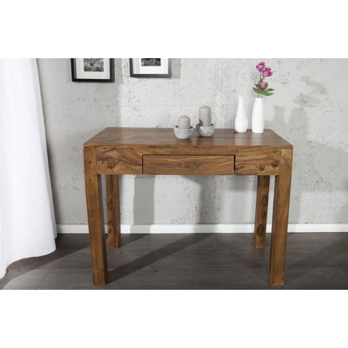 Schreibtisch ORBO 100 cm aus massivem, lackiertem Sheeshamholz mit Schublade – Naturbraun