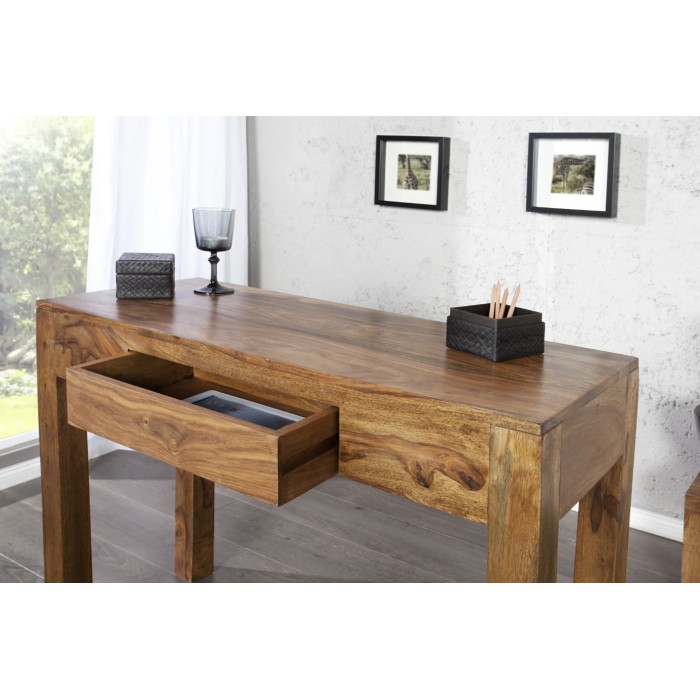 Schreibtisch ORBO 100 cm aus massivem, lackiertem Sheeshamholz mit Schublade – Naturbraun