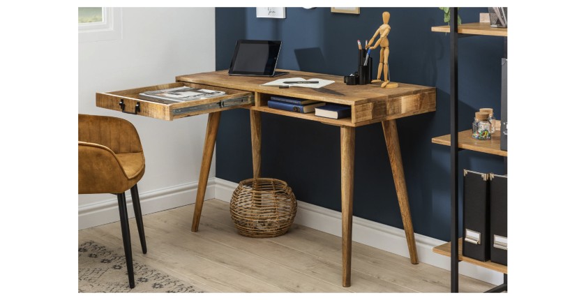 Bureau SCANOVA 120cm en bois de manguier avec tiroir ouvert