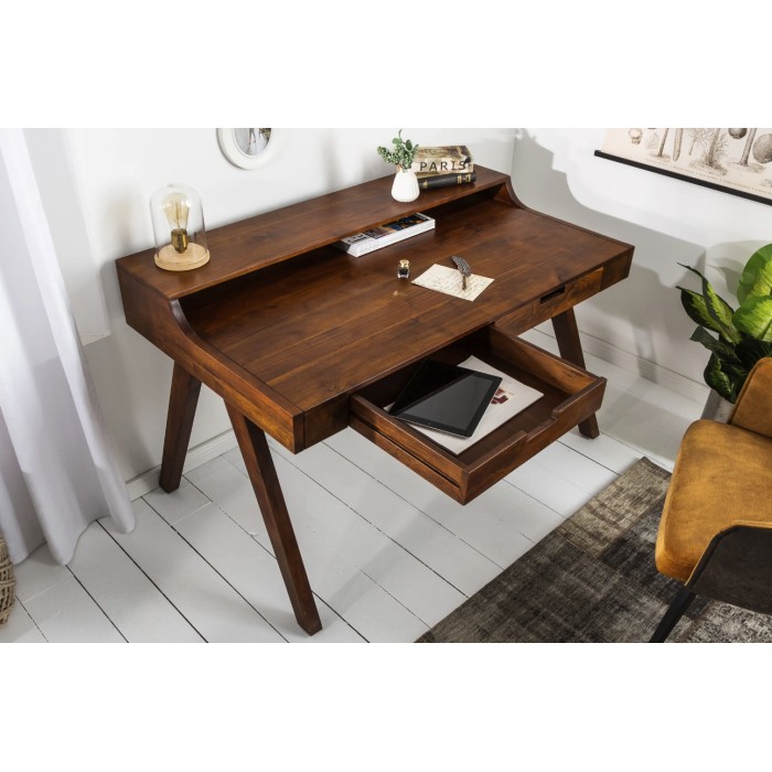Bureau SKAGEN 120cm en acacia vu de côté avec tiroir ouvert