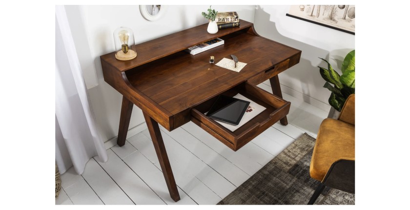 Bureau SKAGEN 120cm en acacia vu de côté avec tiroir ouvert