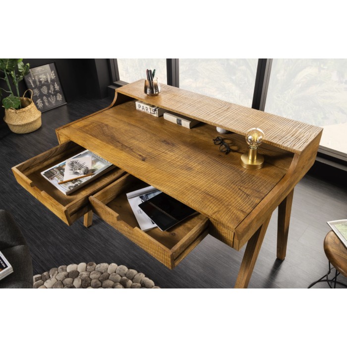 Bureau SKAGEN 120cm en manguier vu de haut avec tiroirs ouverts