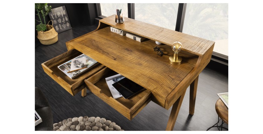 Bureau SKAGEN 120cm en manguier vu de haut avec tiroirs ouverts
