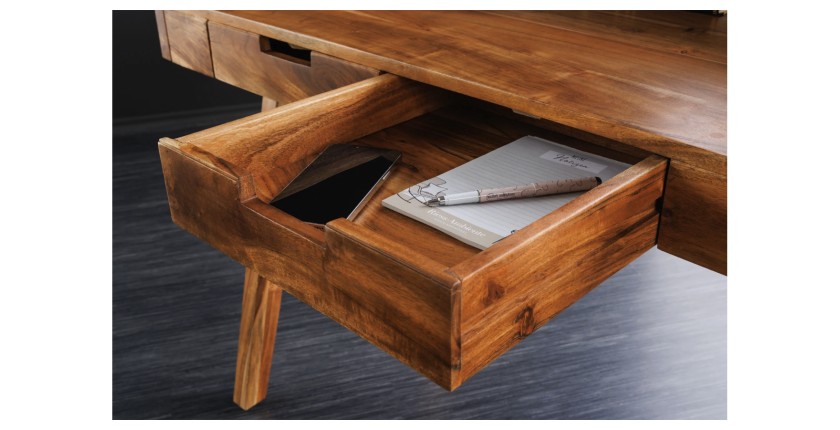 Zoom sur le tiroir ouvert du bureau SKAGEN 100cm en acacia clair
