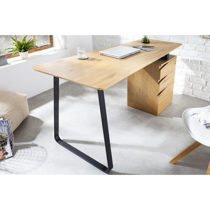 Recht bureau LUNISSIA 160 cm licht houteffect met 3-ladige kast en zwart metalen poot - Design