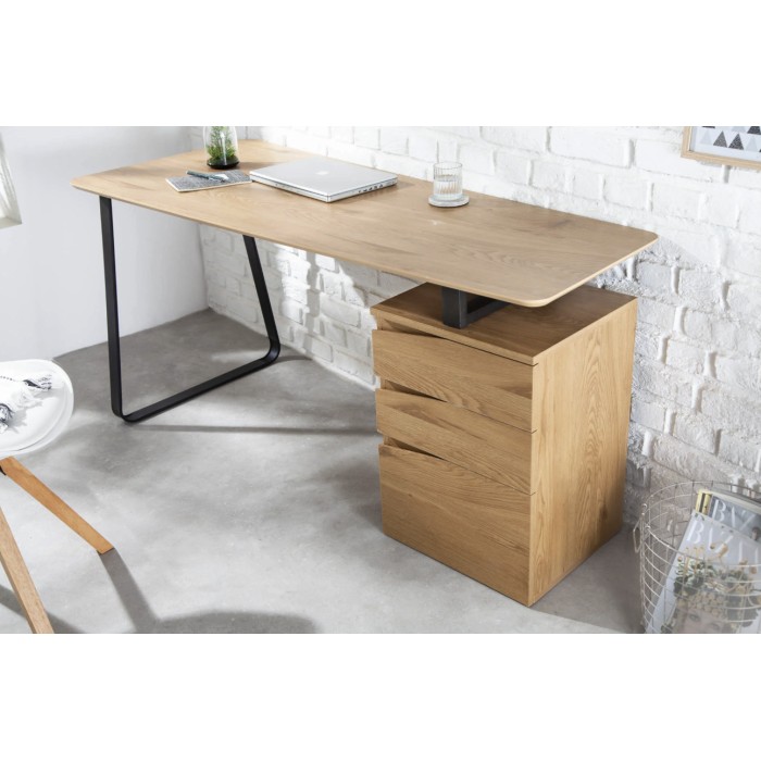 Recht bureau LUNISSIA 160 cm licht houteffect met 3-ladige kast en zwart metalen poot - Design