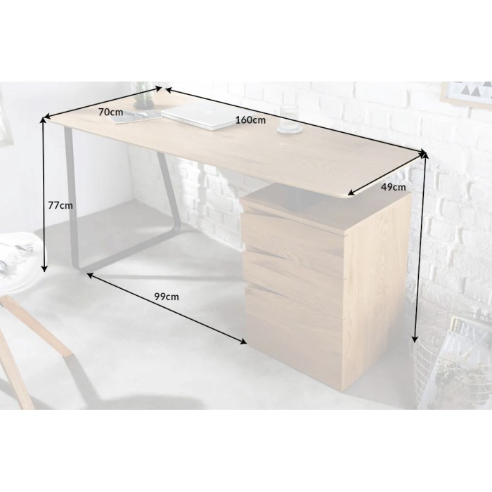 Recht bureau LUNISSIA 160 cm licht houteffect met 3-ladige kast en zwart metalen poot - Design