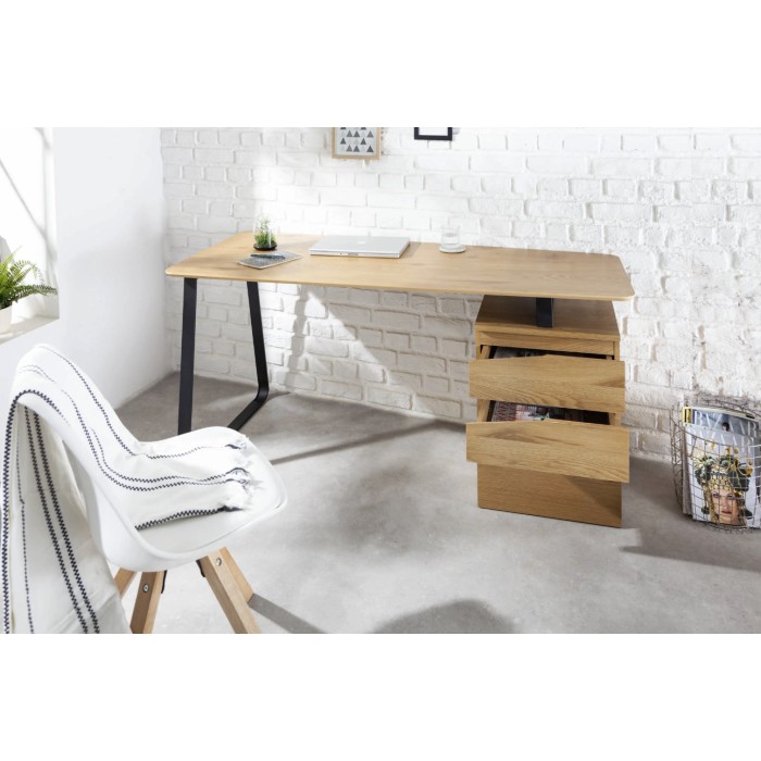 Recht bureau LUNISSIA 160 cm licht houteffect met 3-ladige kast en zwart metalen poot - Design