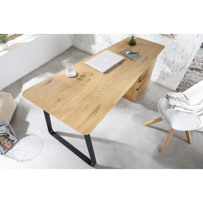 Recht bureau LUNISSIA 160 cm licht houteffect met 3-ladige kast en zwart metalen poot - Design
