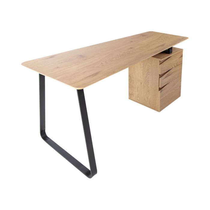 Recht bureau LUNISSIA 160 cm licht houteffect met 3-ladige kast en zwart metalen poot - Design