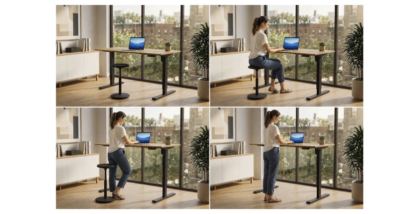 Zoom sur l'utilisation du bureau ZENTOR 140cm en chêne, réglable en hauteur