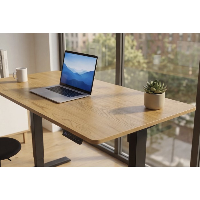 Bureau ZENTOR 140cm en chêne, réglable en hauteur vu de haut rapprochée