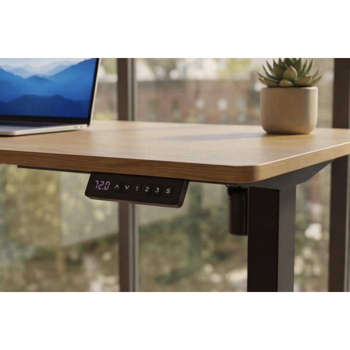 Zoom sur le système de commande du bureau ZENTOR 140cm en chêne, réglable en hauteur