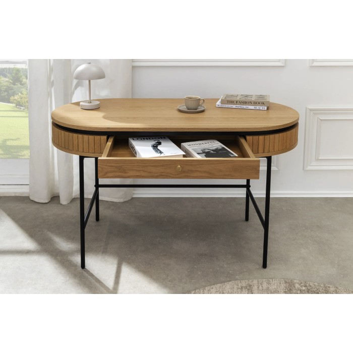 Scrivania console SOREN 120 cm effetto rovere chiaro con cassetto e gambe in metallo nero – Stile chic
