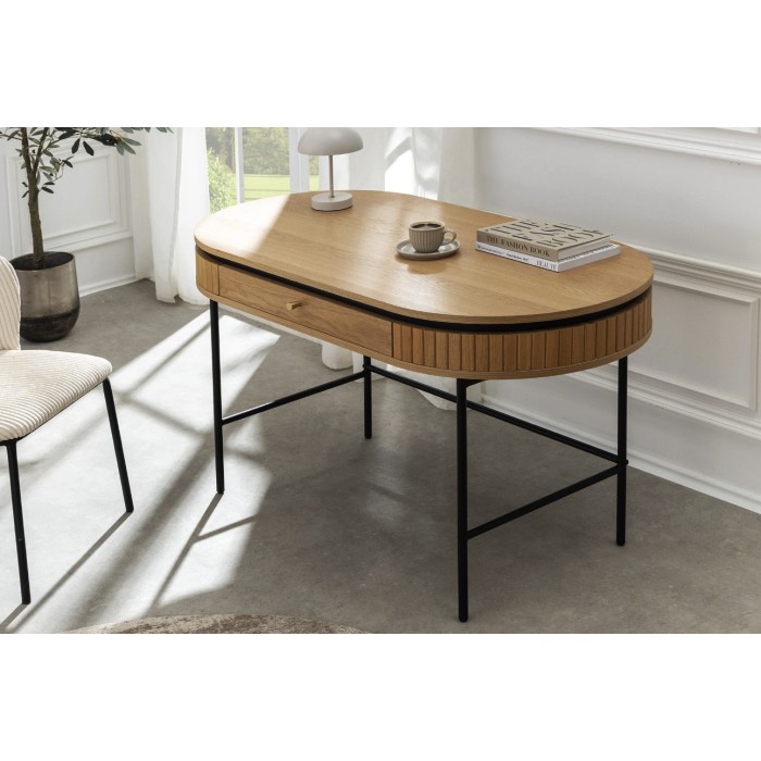 Scrivania console SOREN 120 cm effetto rovere chiaro con cassetto e gambe in metallo nero – Stile chic