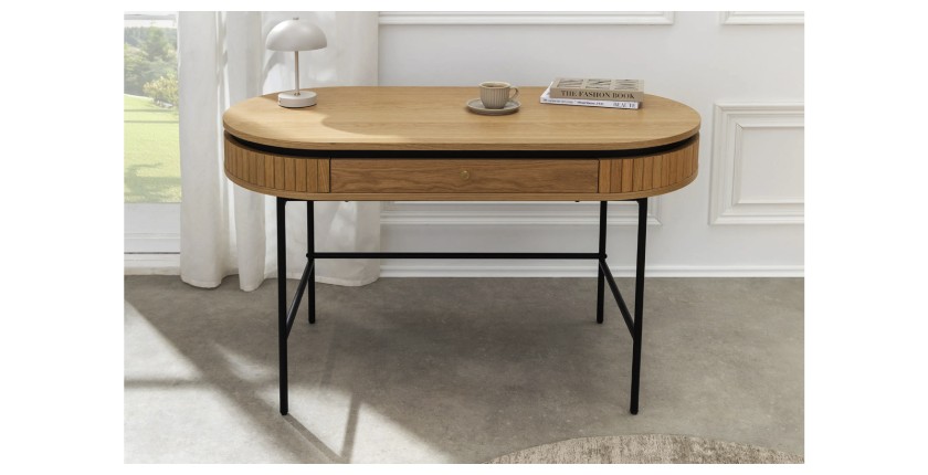 Bureau-Konsole SOREN 120 cm in heller Eichenoptik mit Schublade und schwarzen Metallbeinen – schicker Stil
