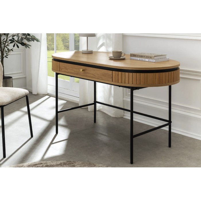 Scrivania console SOREN 120 cm effetto rovere chiaro con cassetto e gambe in metallo nero – Stile chic