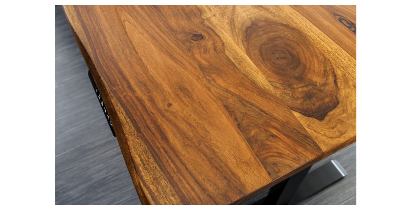 Zoom sur le plateau du bureau ARKAYA 140cm en sheesham réglable en hauteur