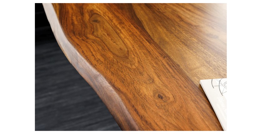 Zoom sur la tranche du bureau ARKAYA 160cm en sheesham réglable en hauteur
