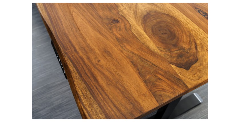 Zoom sur le plateau du bureau ARKAYA 160cm en sheesham réglable en hauteur