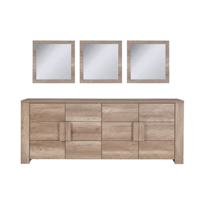 Buffet 4 portes FARRA chêne dab sonoma avec 3 miroirs carrés