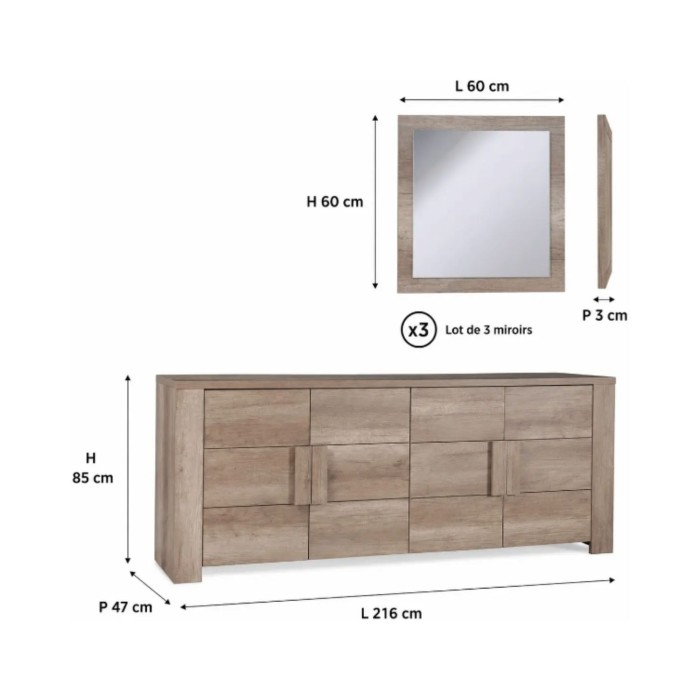 Buffet FARA et miroirs carrés FARRA dimensions