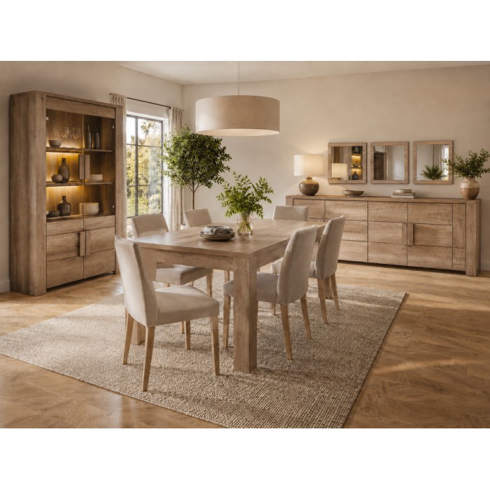 Salle à manger complète FARRA avec table, buffet, vitrine LED et miroirs