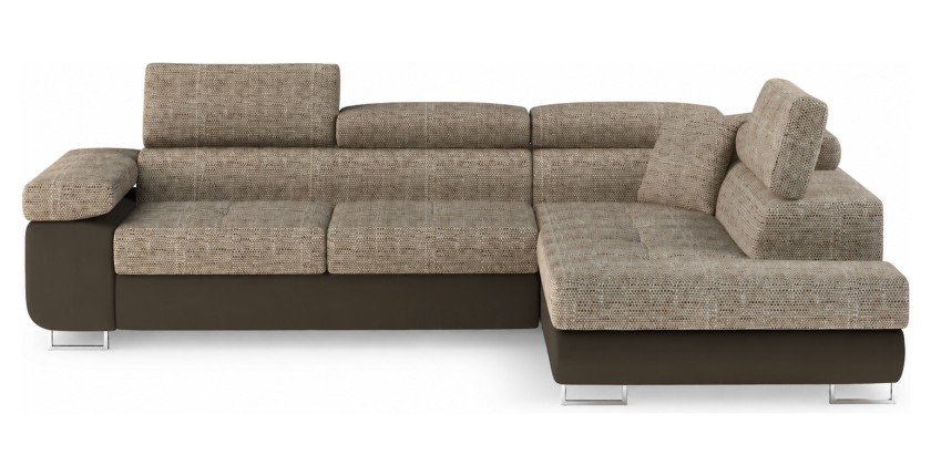 Sofá de esquina convertible MENTON beige y marrón rizado – 4 plazas con cofre