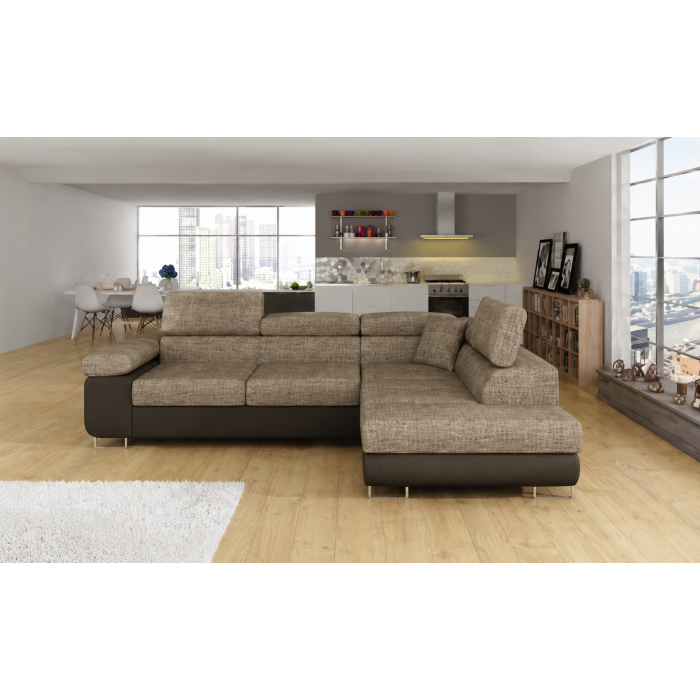 Canapé d’angle convertible MENTON beige et marron bouclé – 4 places avec coffre