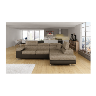 Sofá de esquina convertible MENTON beige y marrón rizado – 4 plazas con cofre